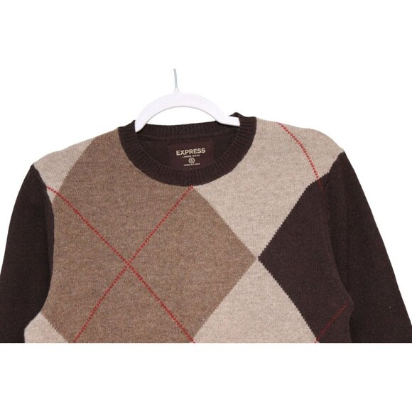 Express Mens Sweater Size Small 100% Lambs Wool Argyle Preppy Academia Brown - Picture 2 of 12